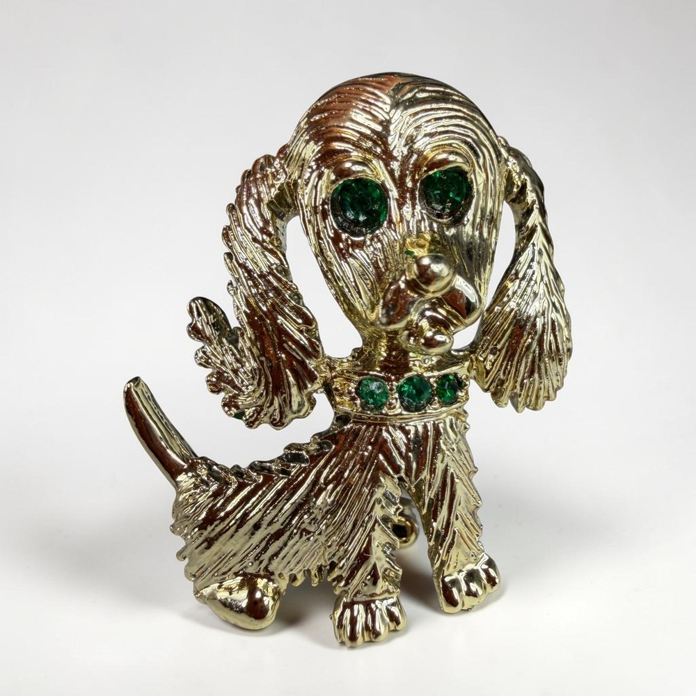 Gerrys Vintage Gold Tone Poodle Dog Brooch Green Rhinestone‎ Eyes Collar 1 Inch